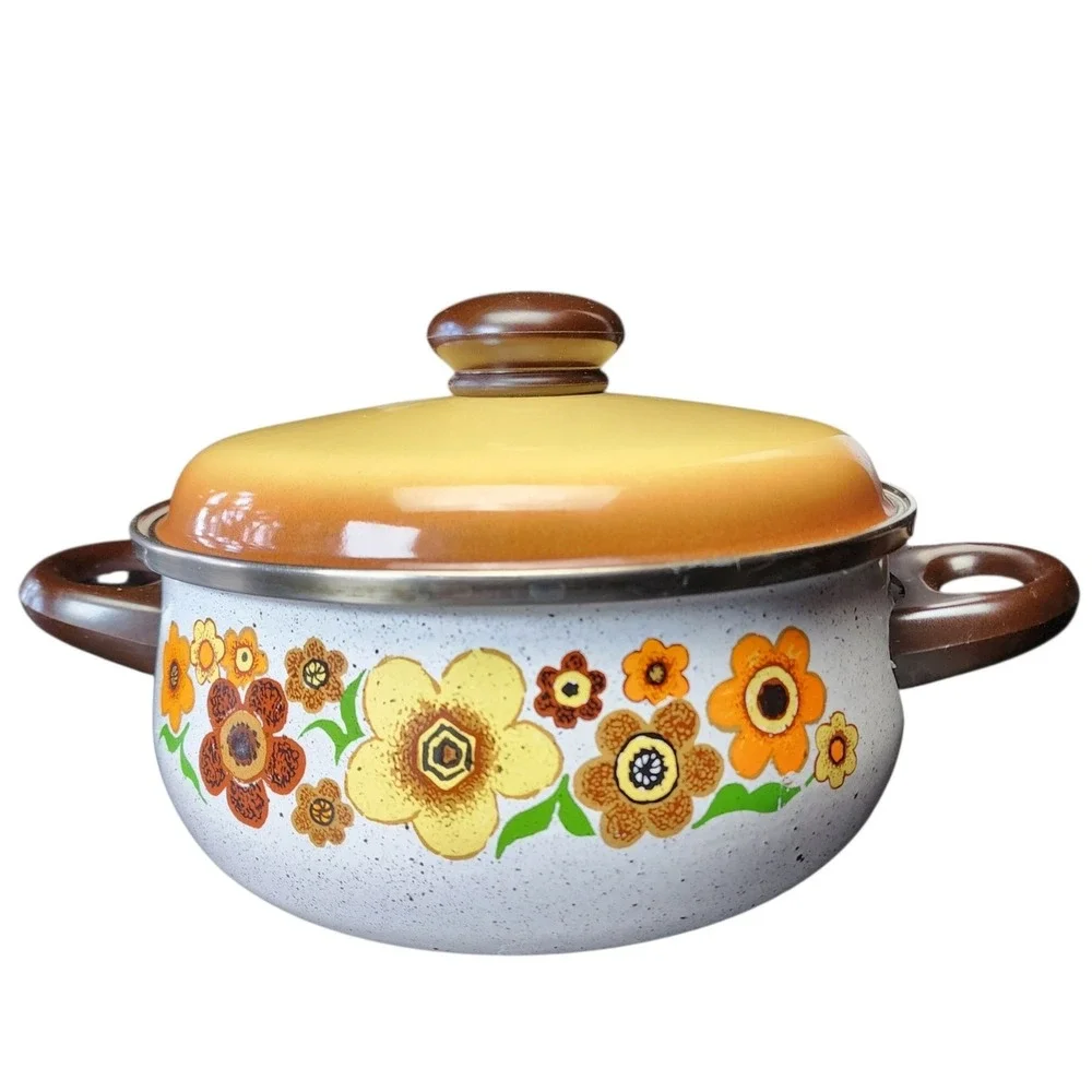 Harvest Blossom 8in Orange Yellow 70s Vintage Floral Enamel Stock Pot Dutch Oven